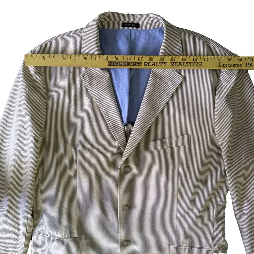 J Crew Seersucker Blazer Mens Size 46 Long Khaki White Striped Cotton Sport Coat